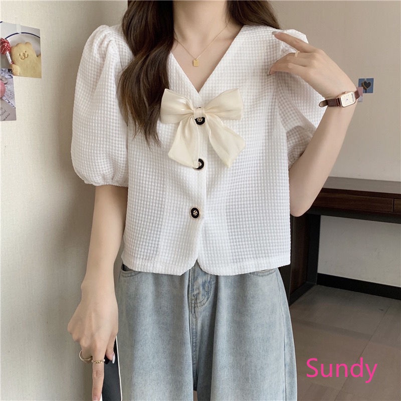 Áo Kiểu Tay Phồng Cổ Chữ V Thắt Nơ Họa Tiết Sọc Caro Thời Trang Mùa Hè