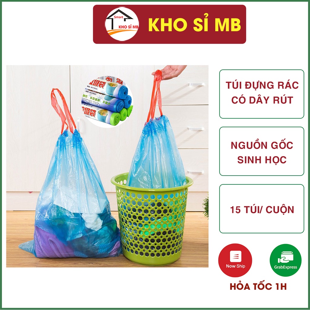 túi nilon đựng rác sinh học có dây rút 15 túi/ cuộn kho sỉ mb