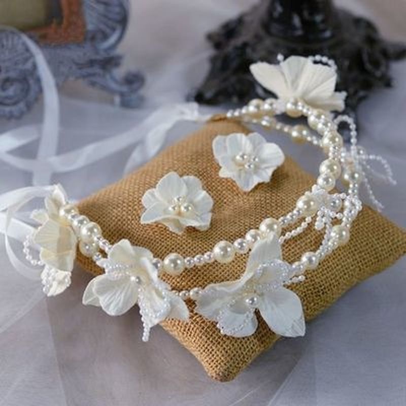 Kẹp Tóc Nơ Ruy Băng Dài Đính Ngọc Trai Trắng Phong Cách Hàn Quốc Cho Cô Dâu