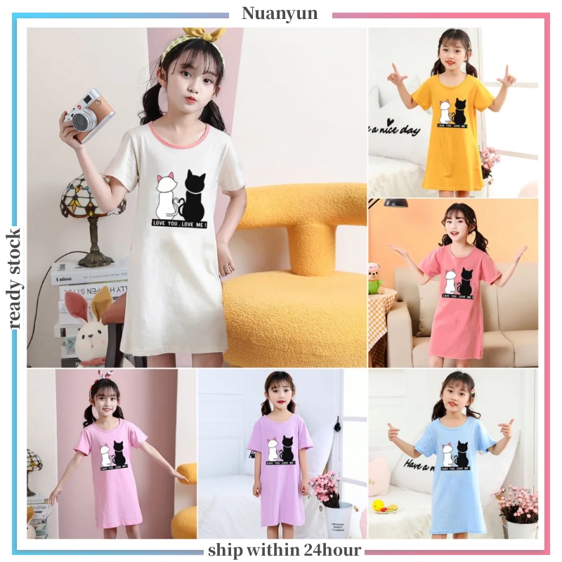 3-12Y Couple cat cartoon print girl homewear cute casual kids girl nightdress Soft round neck mid-length short-sleeved T-shirt can be worn outside