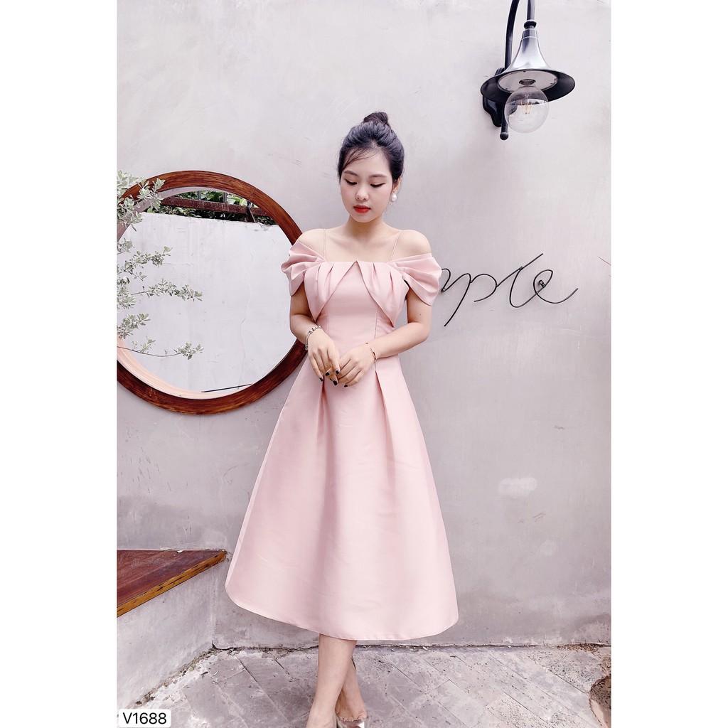 Váy xòe hồng trễ vai V1688 - Đẹp Shop DVC (Kèm ảnh thật, video do shop tự chụp)