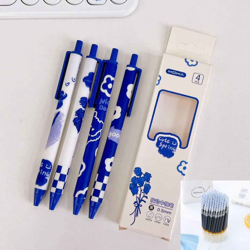 Combo hộp 4 bút bi bấm họa tiết dễ thương, bút bi gel mực đen cute có chặn ngòi và 10 thay thế mực đen