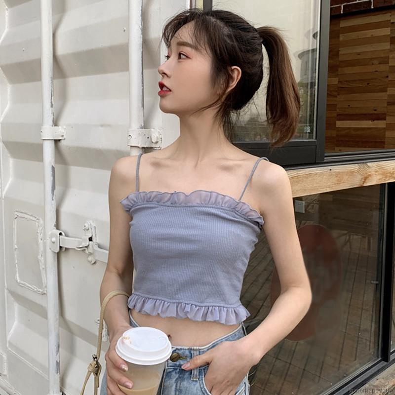 Áo Lửng Hai Dây Nhún Bèo Phong Cách Hàn Quốc Quyến Rũ Dành Cho Nữ