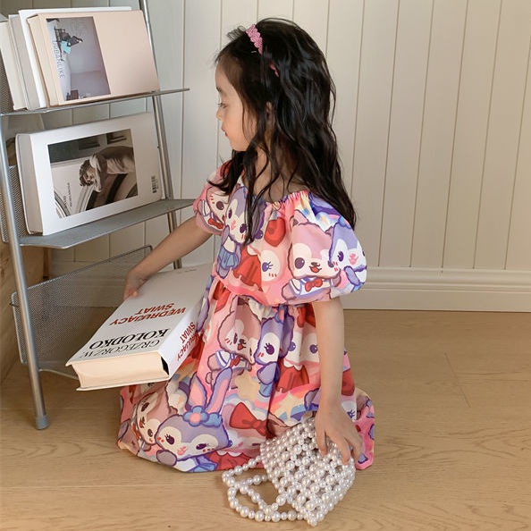 Đầm Ngắn Tay Họa Tiết Thỏ Hoạt Hình Thời Trang Mùa Hè Hàn Quốc 2023 Dành Cho Bé Gái
