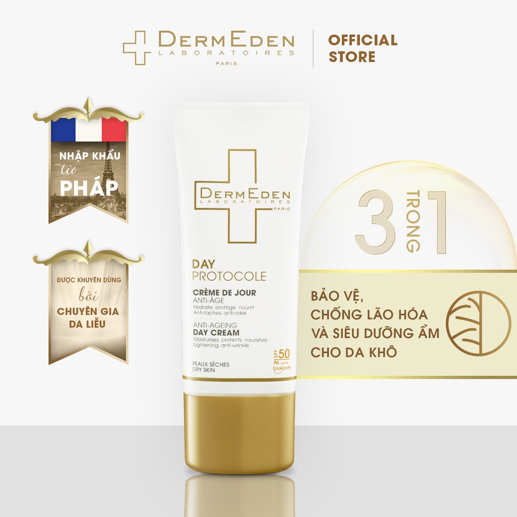 Kem dưỡng da ban ngày cho da khô DermEden 3 trong 1 chống nắng, chống lão hóa, dưỡng ẩm Anti-Ageing SPF50 PA+++ 50ml