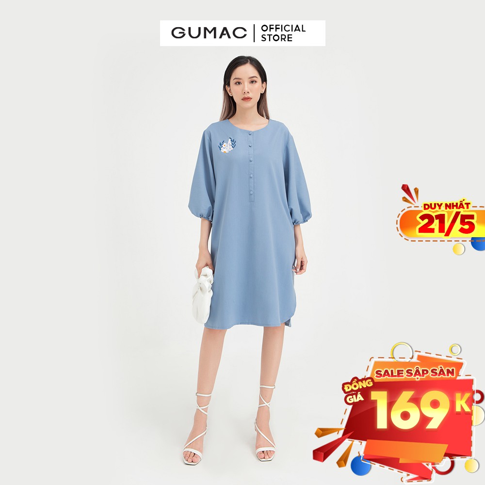 [Mã WABRGULUV giảm tới 100K đơn 249K] Đầm suông nữ thêu tay lỡ GUMAC màu xanh thanh lịch, sang trọng DB448