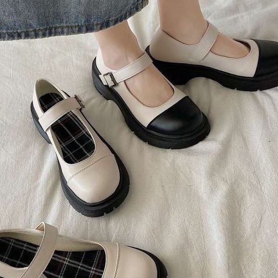 Giày nữ Ulzzang giày búp bê quai ngang hai màu trắng đen kết hợp hàng đẹp cao cấp