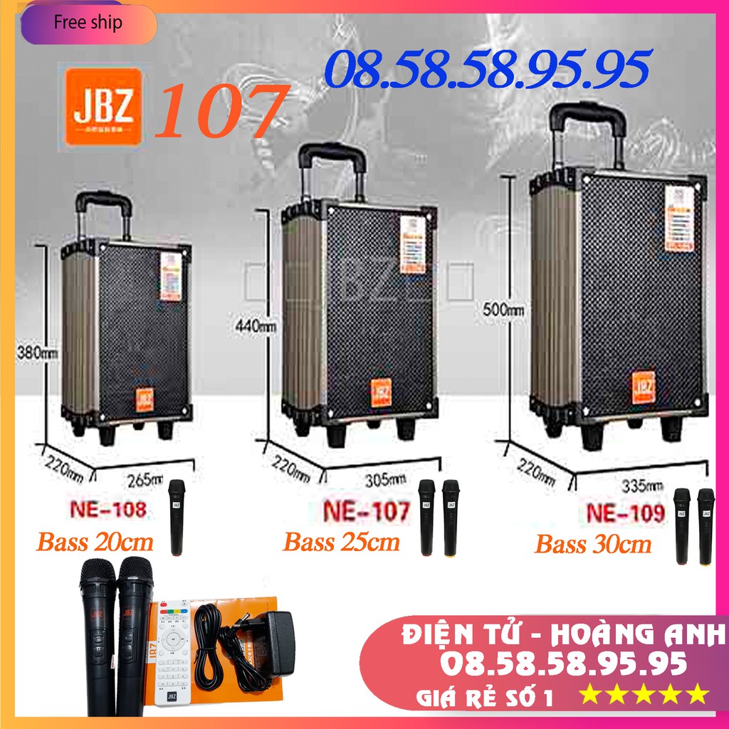 Loa kéo JBZ 107-Bass 2.5 tấc(25cm)CS-300W+2 Micro Không Dây+Remto+1 adapter sạc+dây tín hiệu tivi