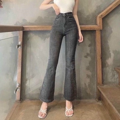 Quần Jean Nữ Aiori Ống Loe Lưng Cao Màu Xám Lai Cắt Bò Bass Trơn Dáng Dài Vải Co Giãn Tốt Mềm Mịn