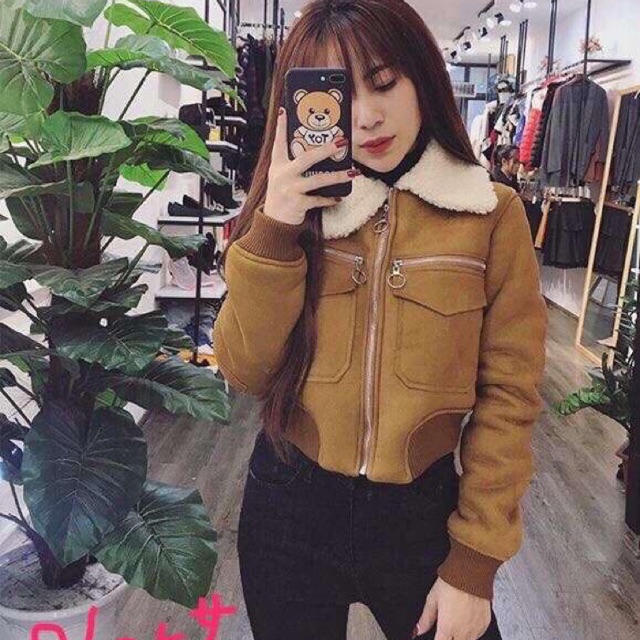 Áo khoác da lộn cổ lông