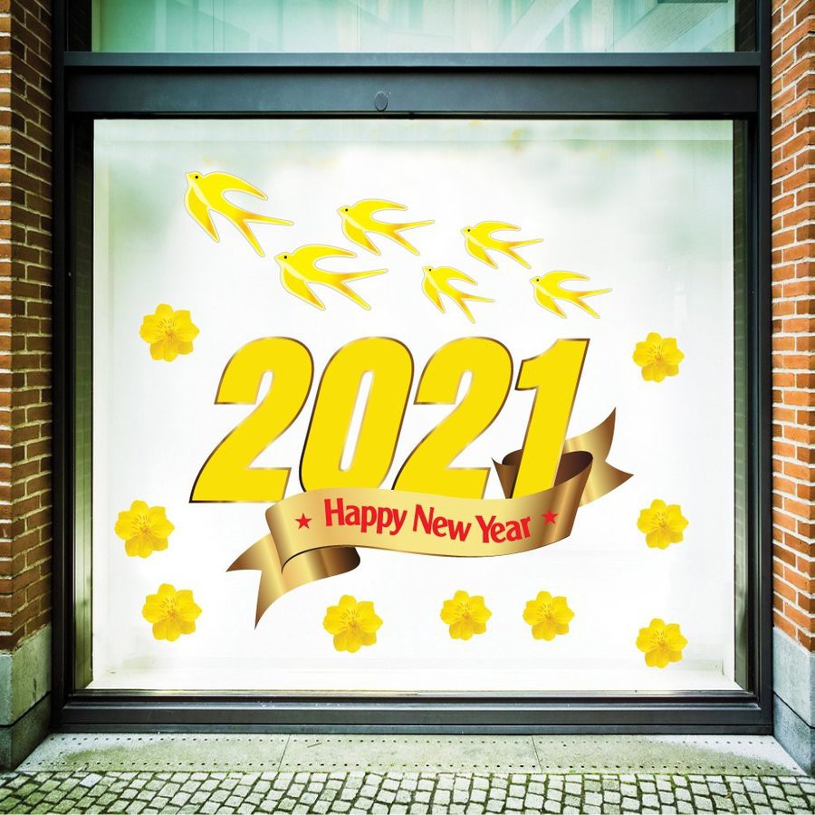 Decal chúc Tết 2021 Happy new year có keo sẵn dán được trên tường và kính