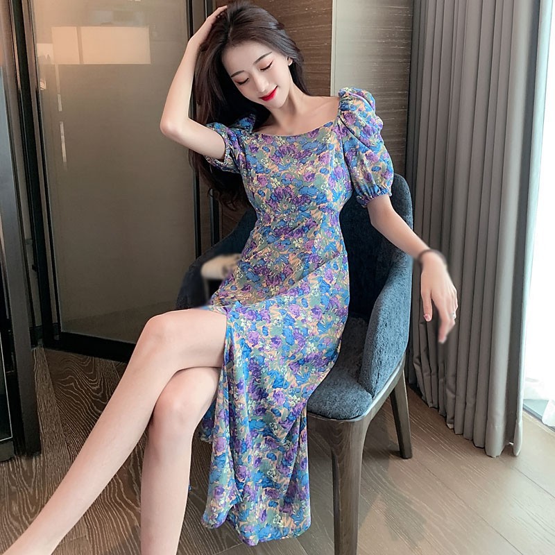 Đầm Tay Ngắn Dáng Dài Hoạ Tiết Hoa Thiết Kế Xẻ Quyến Rũ