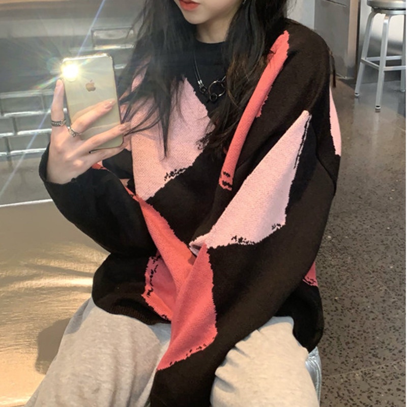 Áo sweater tay dài cổ tròn dáng rộng phối màu tương phản hợp thời trang