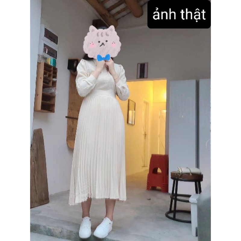 Đầm sơ mi chic dài tay dáng xòe xếp ly màu quả mơ Hàn Quốc