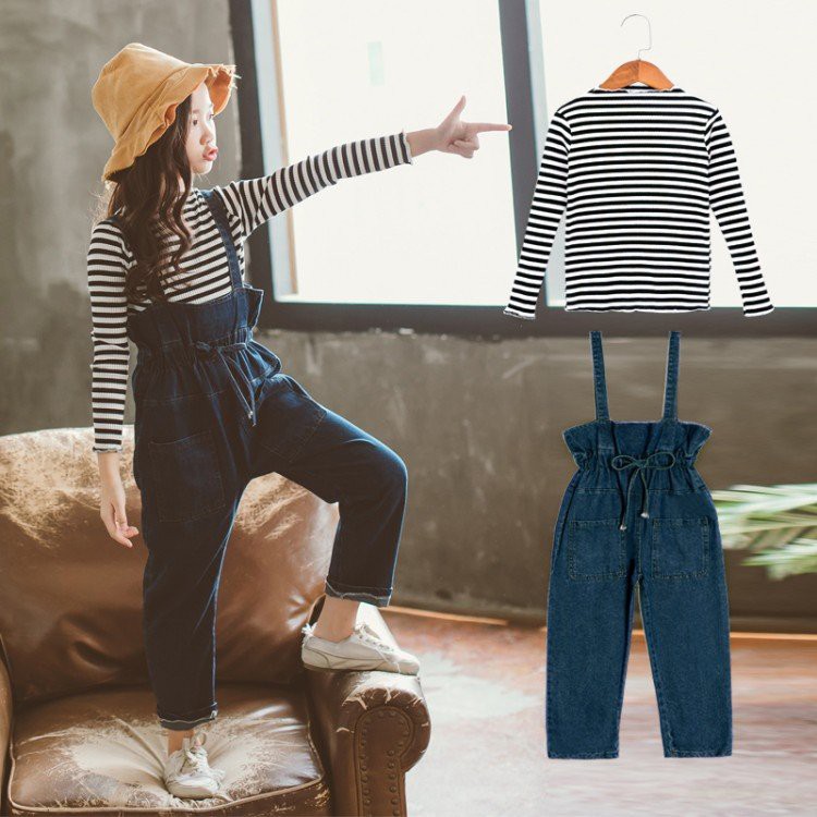 Set áo thun dài tay cổ tròn + quần yếm denim dễ thương cho bé gái