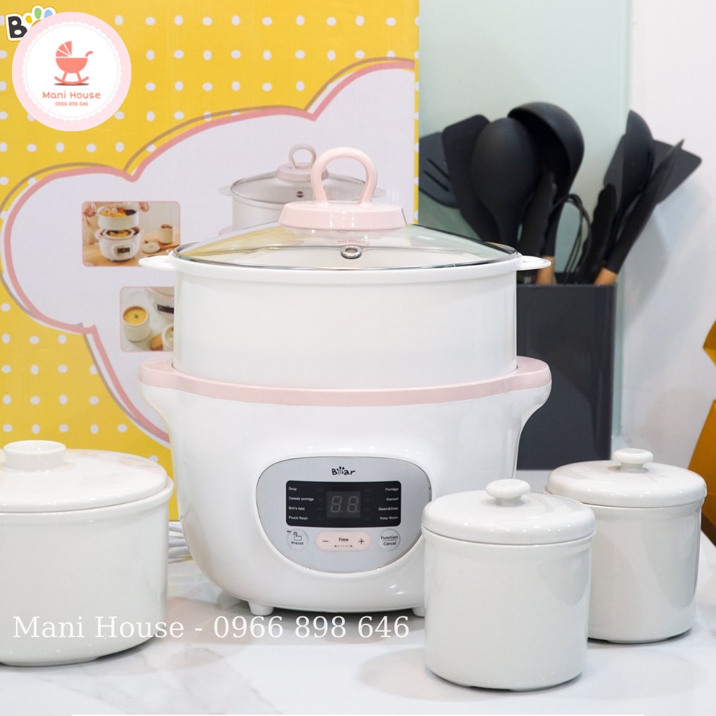 (BẢN QUỐC TẾ) Nồi nấu cháo chậm, cách thủy và ninh hầm ăn dặm cho bé Bear 1,6L kèm lồng hấp