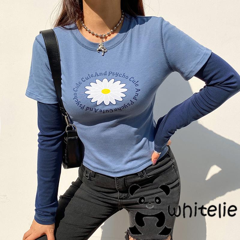 We-Women Casual Long Sleeve T-shirt, Blue Round Collar Letters and Floral Printed Pattern Tops