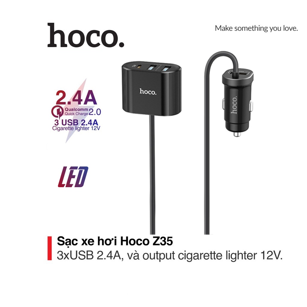 Tẩu sạc điện thoại xe hơi Hoco Z35 kèm đầu sạc phụ đi kèm với đèn LED đầu ra 3 USB
