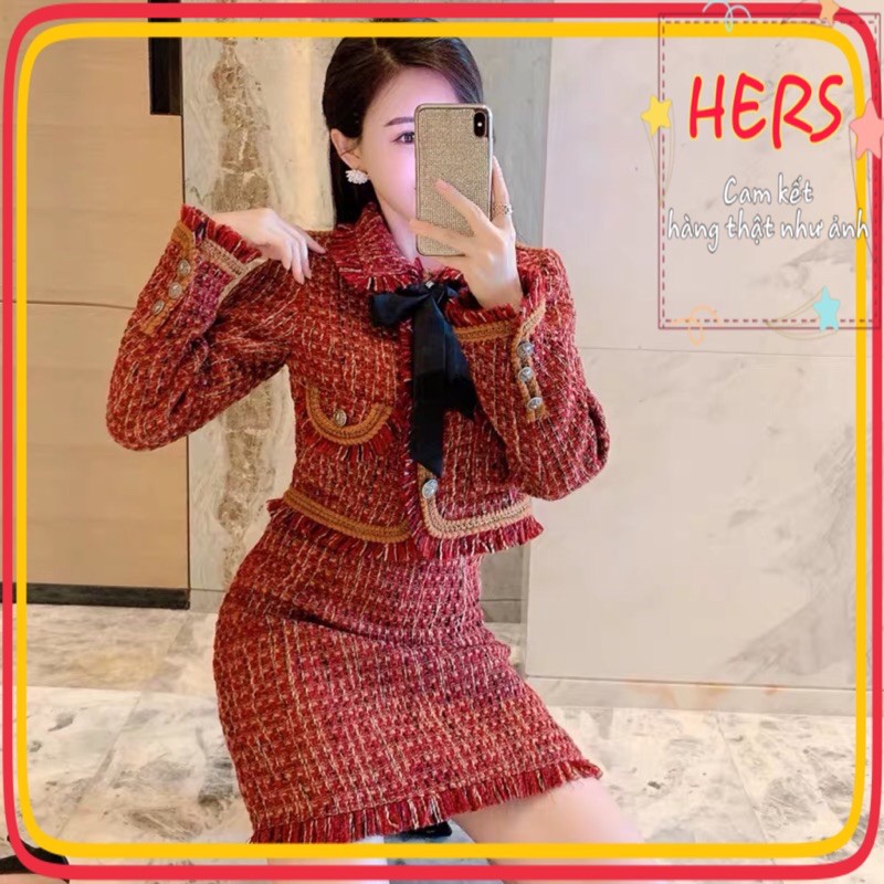 [Order] Set tweed thổ cẩm màu vang đỏ áo khoác phối chân váy kèm nơ, có ảnh thật