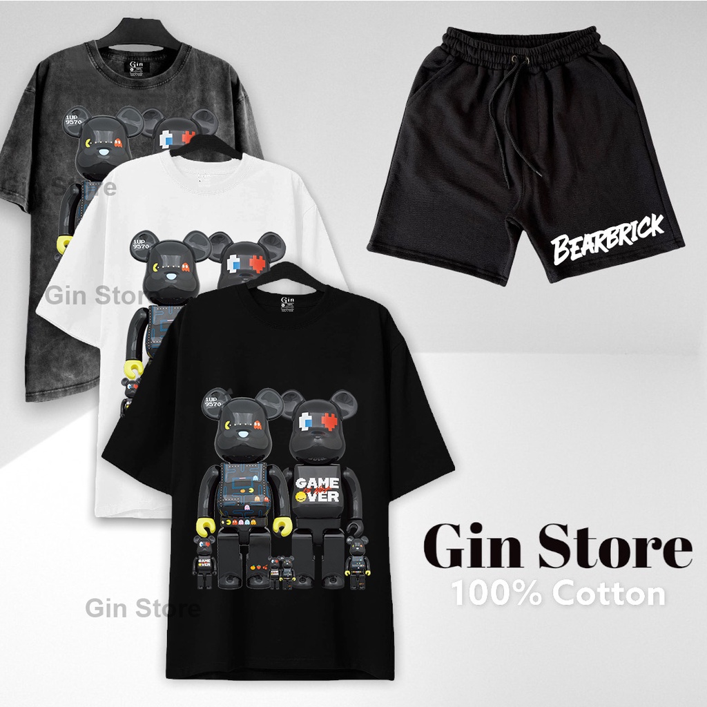 Set Bộ Áo thun bearbrick Game over - Vải Cotton Cao Cấp Unisex