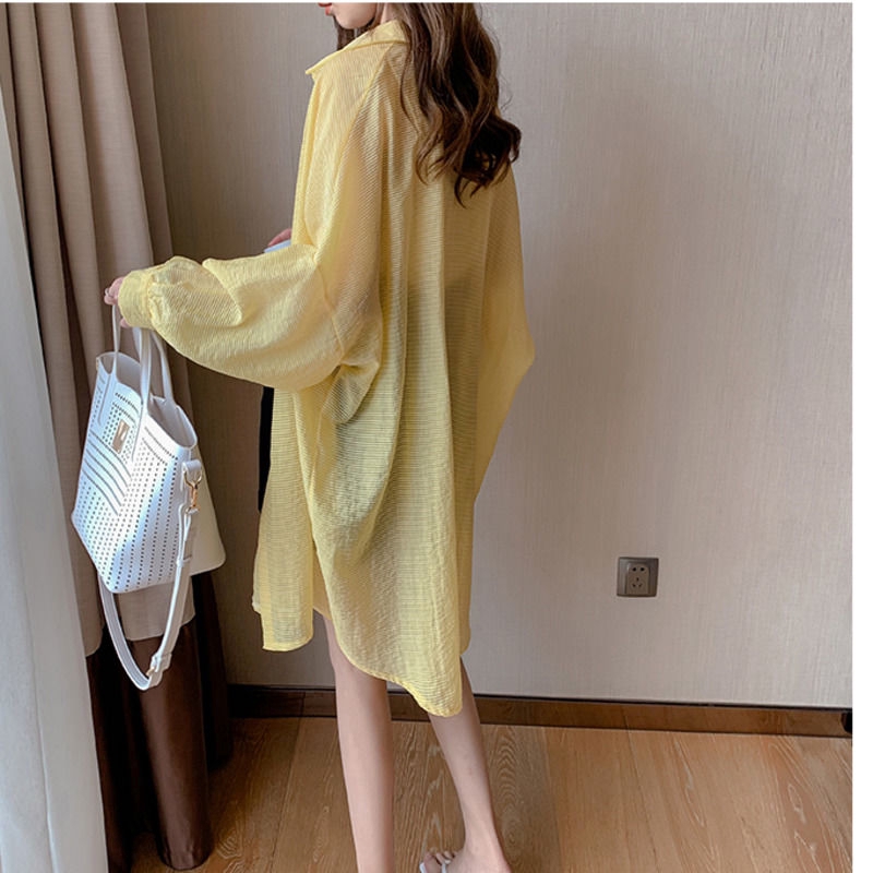 Áo khoác ngoài chống nắng dáng dài nhẹ kẻ sọc thời trang