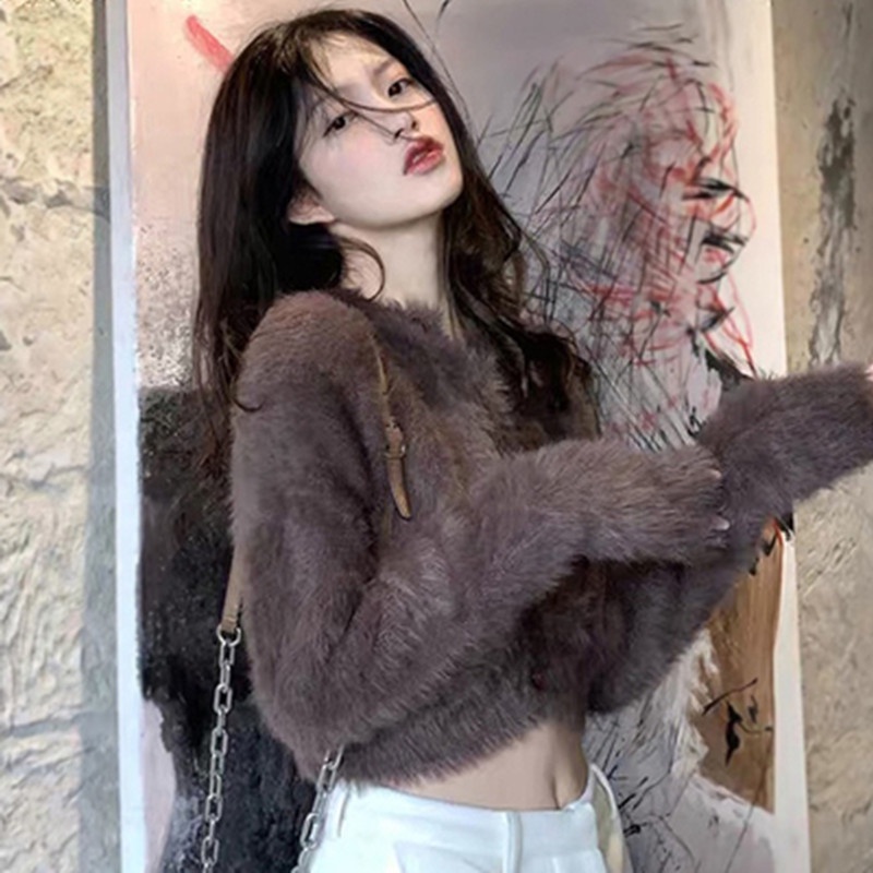 Áo lông chồn nhung mịn croptop dáng cardigan màu nâu phong cách retro nữ tính mùa thu đông