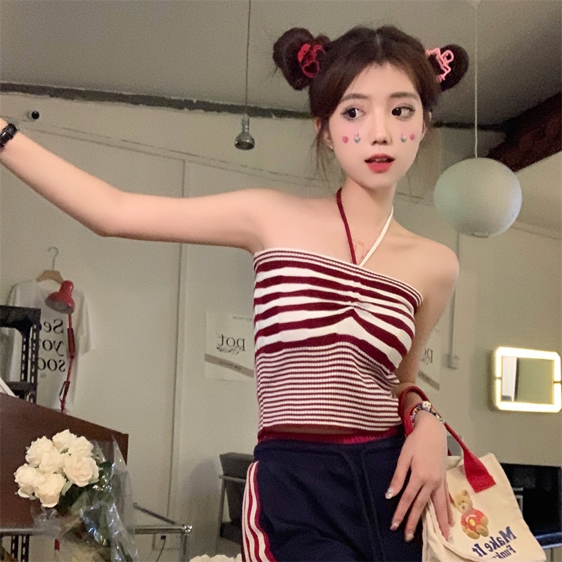 Cocory vn Áo Dệt Kim Hai Dây Dáng Ôm Họa Tiết Kẻ Sọc Thời Trang Quyến Rũ Cho Nữ