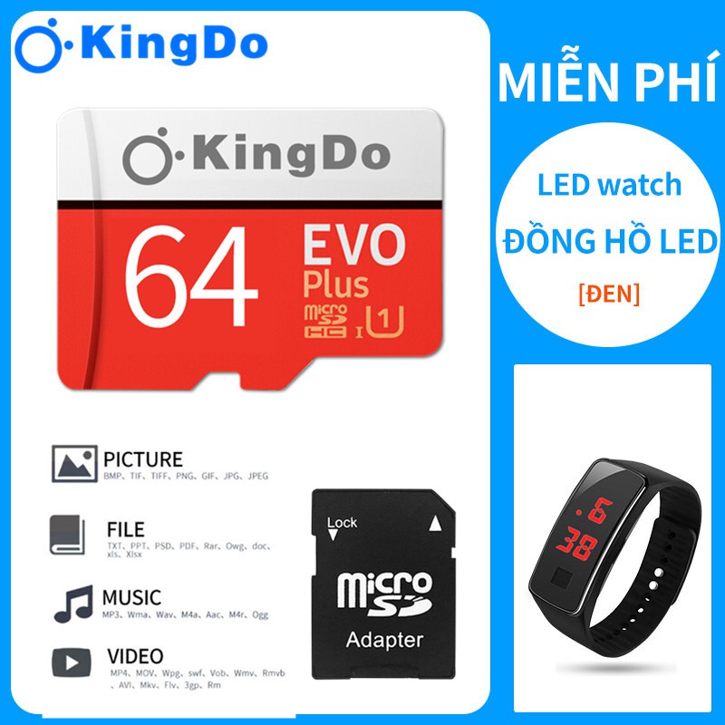 【Đồng hồ LED miễn phí】Thẻ nhớ Kingdo 64GB tốc độ cao up to 100MB/s hỗ trợ quay video full HD