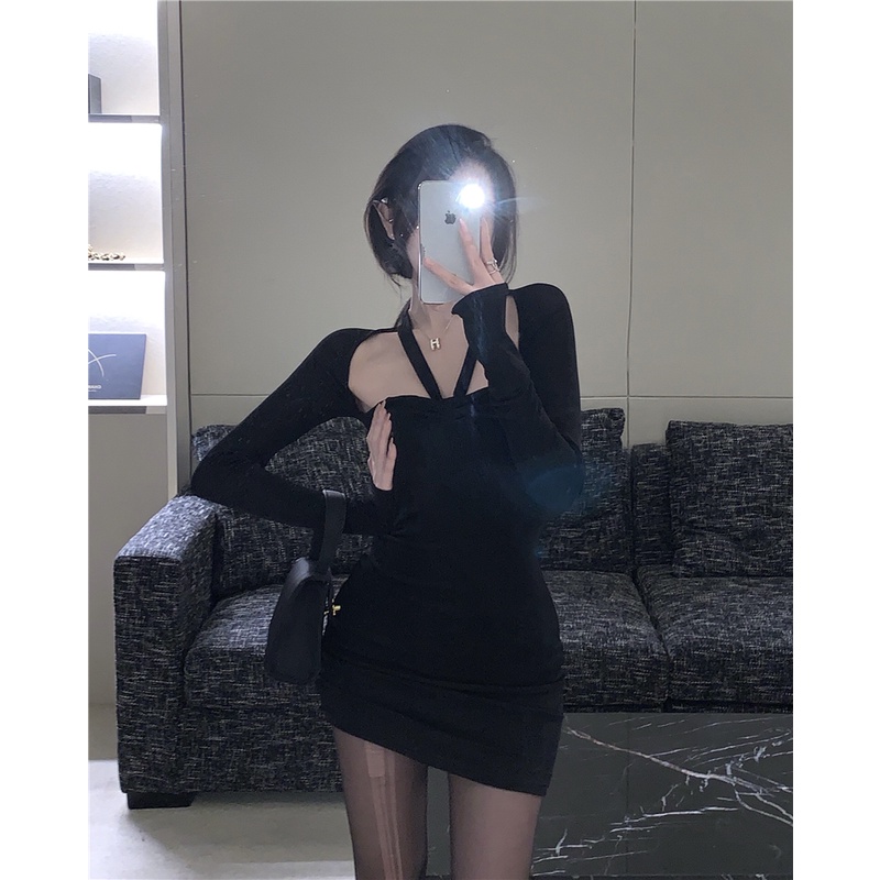 Đầm tay dài dáng ôm thiết kế khoét ngực thời trang thu đông phong cách Trung Hoa mới cho nữ