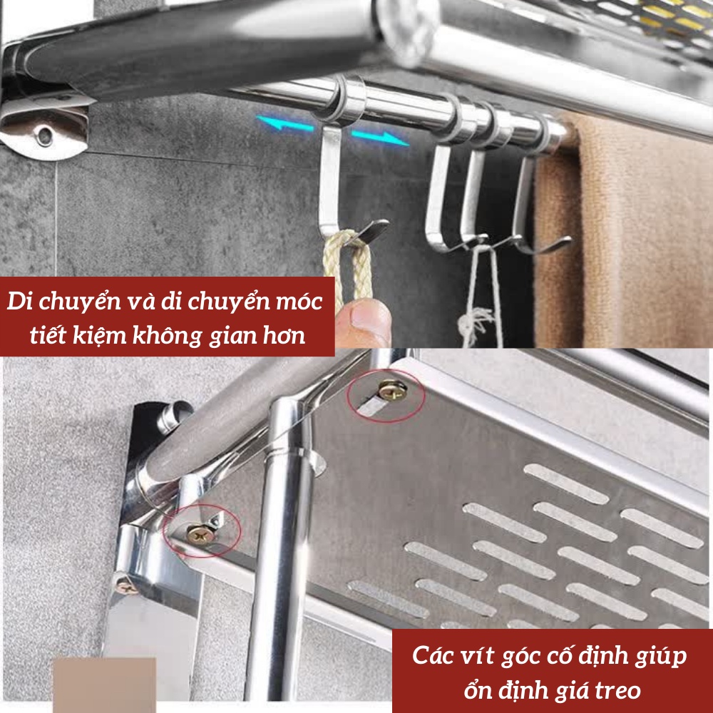 Kệ treo khăn nhà tắm inox,Kệ để đồ nhà tắm có móc treo khăn lắp đặt không cần khoan tường  ATILA SHOP