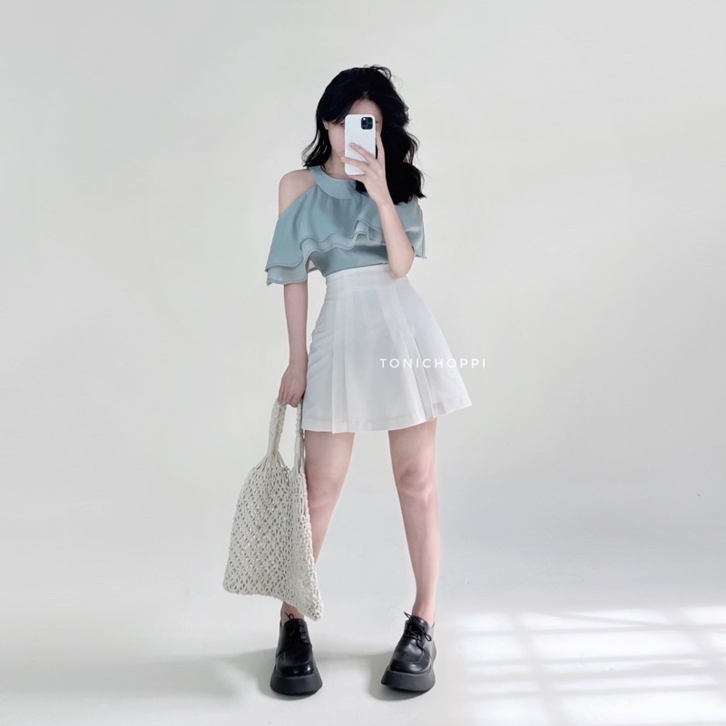 Set áo trễ vai màu xanh ghi pastel váy xếp ly tonichoppi