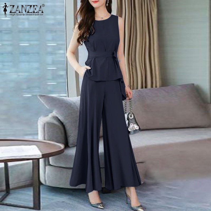 Set áo 2 dây cổ tròn + quần dài ống rộng Zanzea thời trang nữ