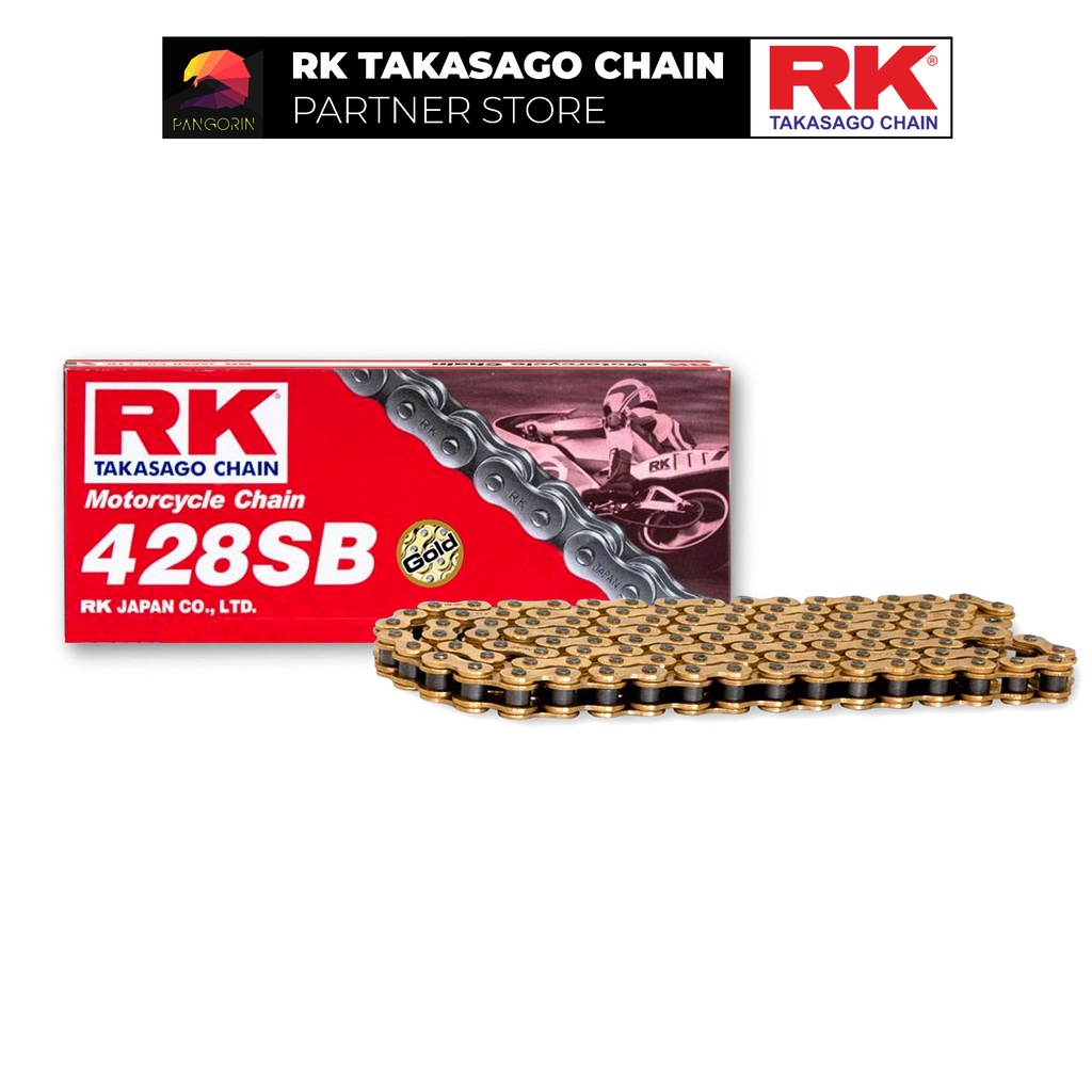Sên xe máy RK Takasago Chain mã GB-428-SB, màu vàng, không phốt cao su, kích thước 9 ly - 428, 124 / 132 mắc sên