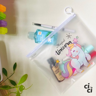 Túi zip lụa trong suốt unicorn đựng bút viết/ mỹ phẩm