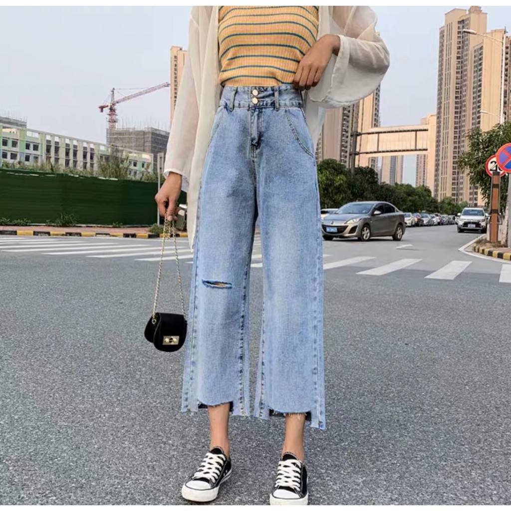 QUẦN JEAN ỐNG RỘNG NỮ LƯNG CAO 2 NÚT RÁCH VUÔNG 2 CHÂN, RÁCH ĐÙI PHẢI CỰC HOT