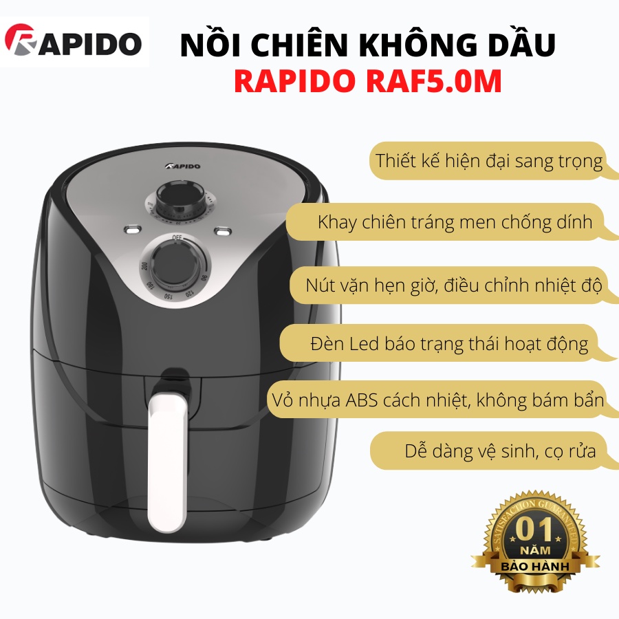 [Mã ELHADEV giảm 4% đơn 300K] NỒI CHIÊN KHÔNG DẦU RAPIDO 5L