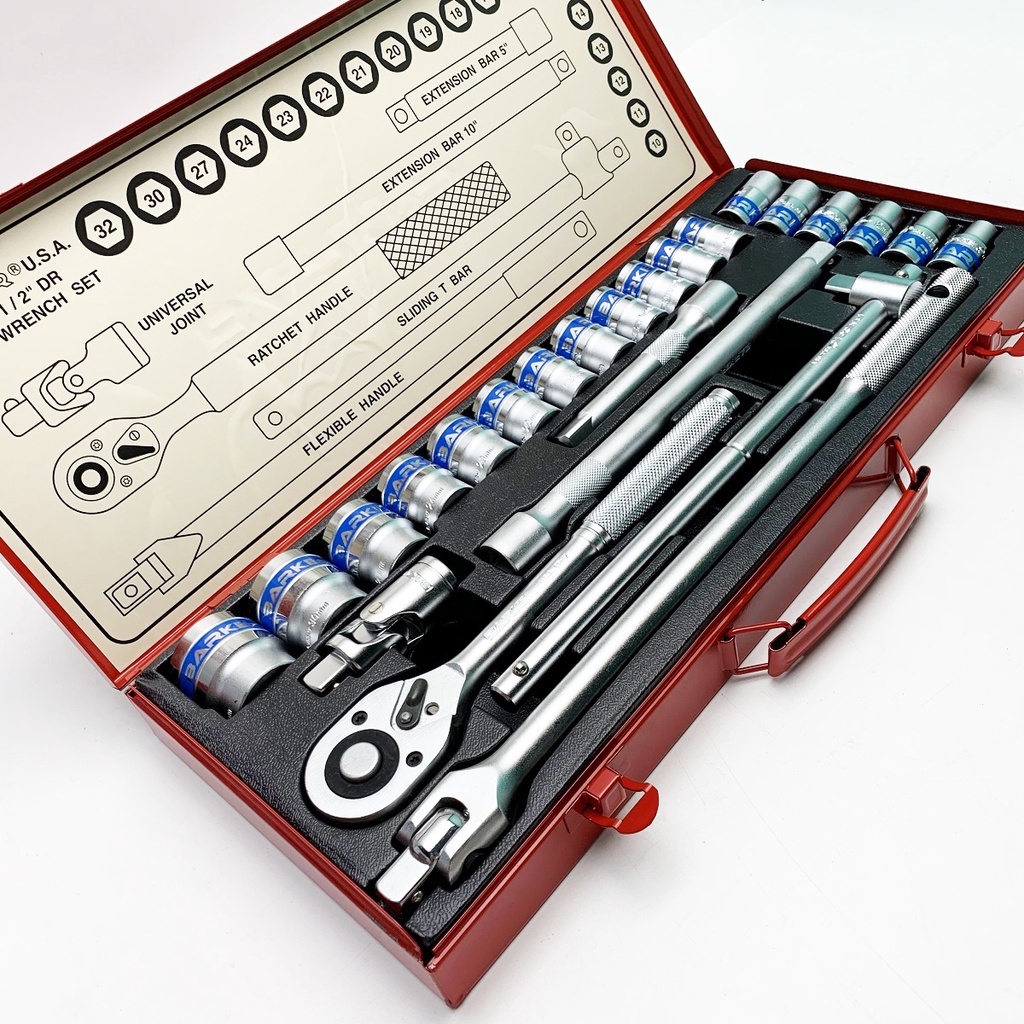 Bộ khẩu tuýp 1/2 mở siết bulong ốc vít 25 chi tiết; với 18 đầu khẩu 10-32mm, cần siết lực tự động, lắc léo, nối dài