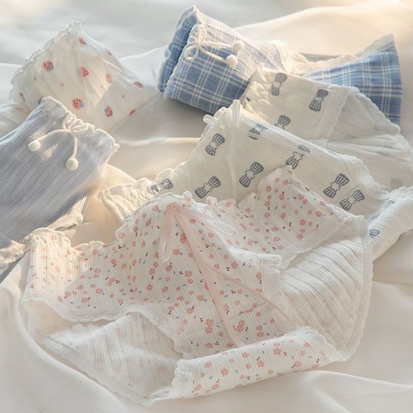 Quần lót cotton nữ viền ren gân tăm đinh nơ nhiều họa tiết dễ thương L128