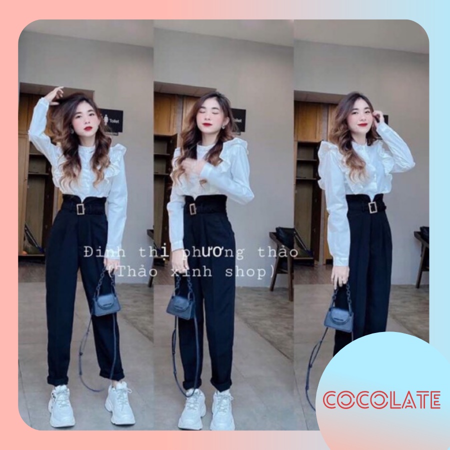 Baggy đai vải COC30 cạp siêu cao, quần tây cạp lưng cao kèm đai tôn dáng cho nữ