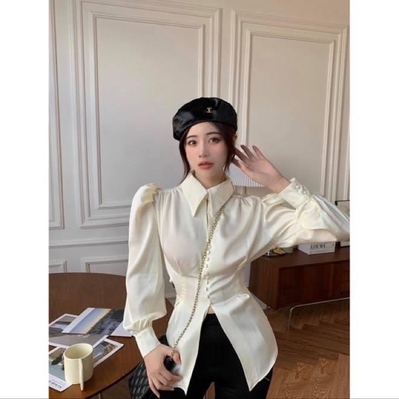 Áo sơ mi kiểu thiết kế tay dài phồng lụa satin phi bóng hở lưng thắt nơ trắng - Order taobao quảng châu