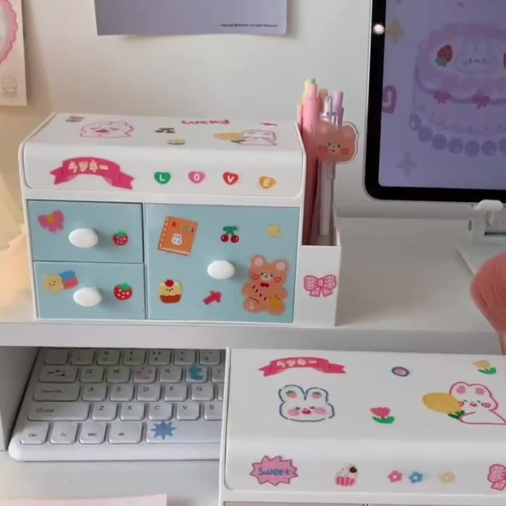 Tủ mini tầng có nắp và ngăn ống bút đáng yêu đựng cọ make up sticker washi tape phụ kiện để bàn học tập văn phòng decor