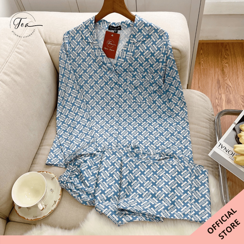 Bộ mặc nhà Pyjama lụa cao cấp Tea Store tay dài quần dài họa tiết hoa văn xanh