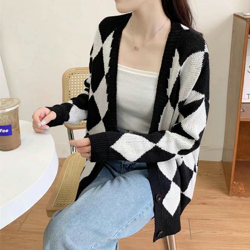 Áo Sweater Tay Dài Họa Tiết Hình Thoi Màu Sắc Tương Phản Phong Cách Hàn Quốc 198524 Áo Khoác Dệt Kim Dáng Rộng Thời Trang Retro Mùa Thu