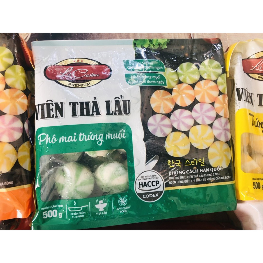 viên thả lẩu nhân phô mai trứng muối khay 500g LCFOOD màu xanh