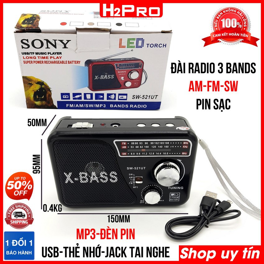 ĐÀI RADIO FM-AM-SW H2Pro SW-521UT kiêm máy nghe nhạc USB-Thẻ nhớ, jack tai nghe, đài radio pin sạc tích hợp ĐÈN PIN