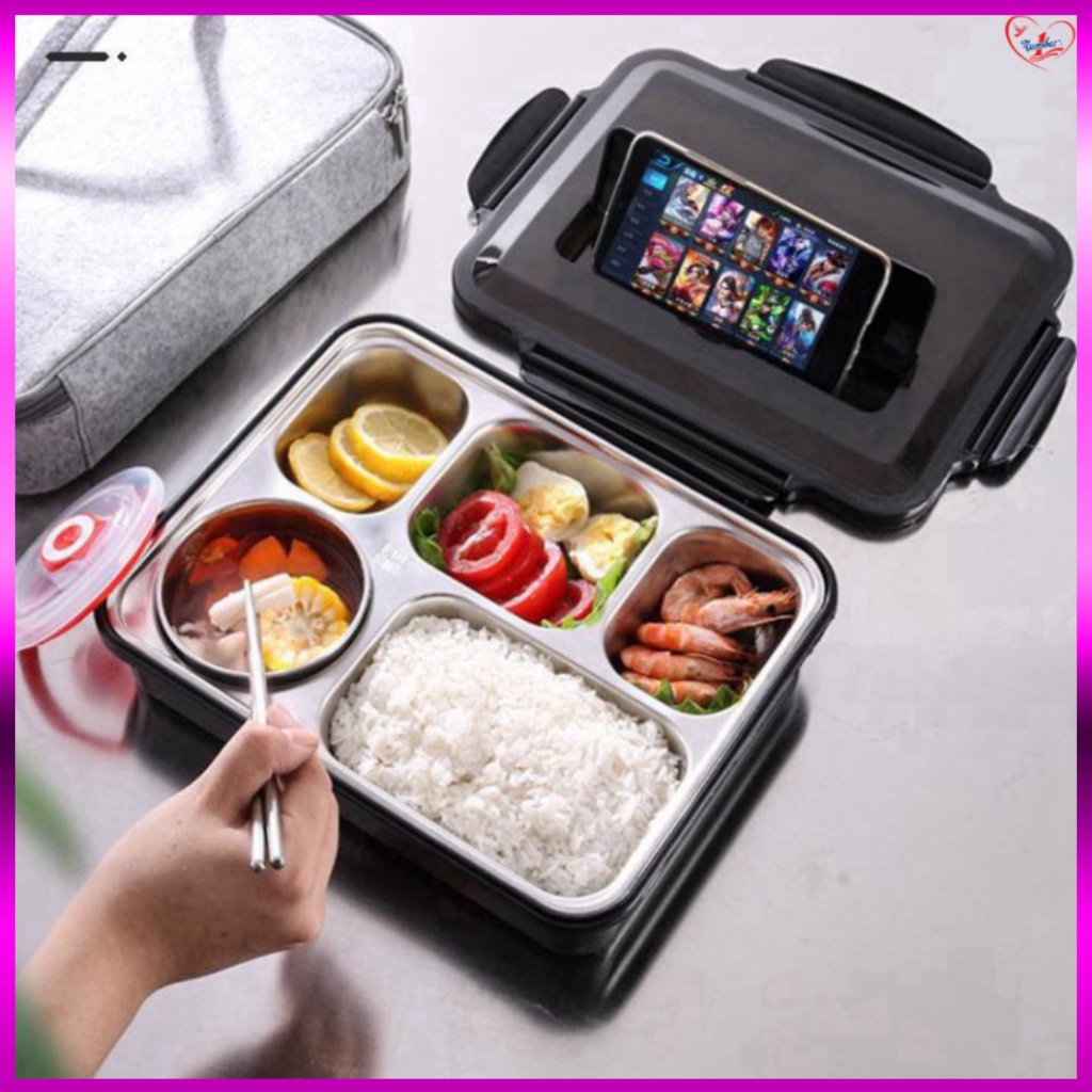 Hộp cơm văn phòng khay Inox 5 ngăn, có giá để điện thoại