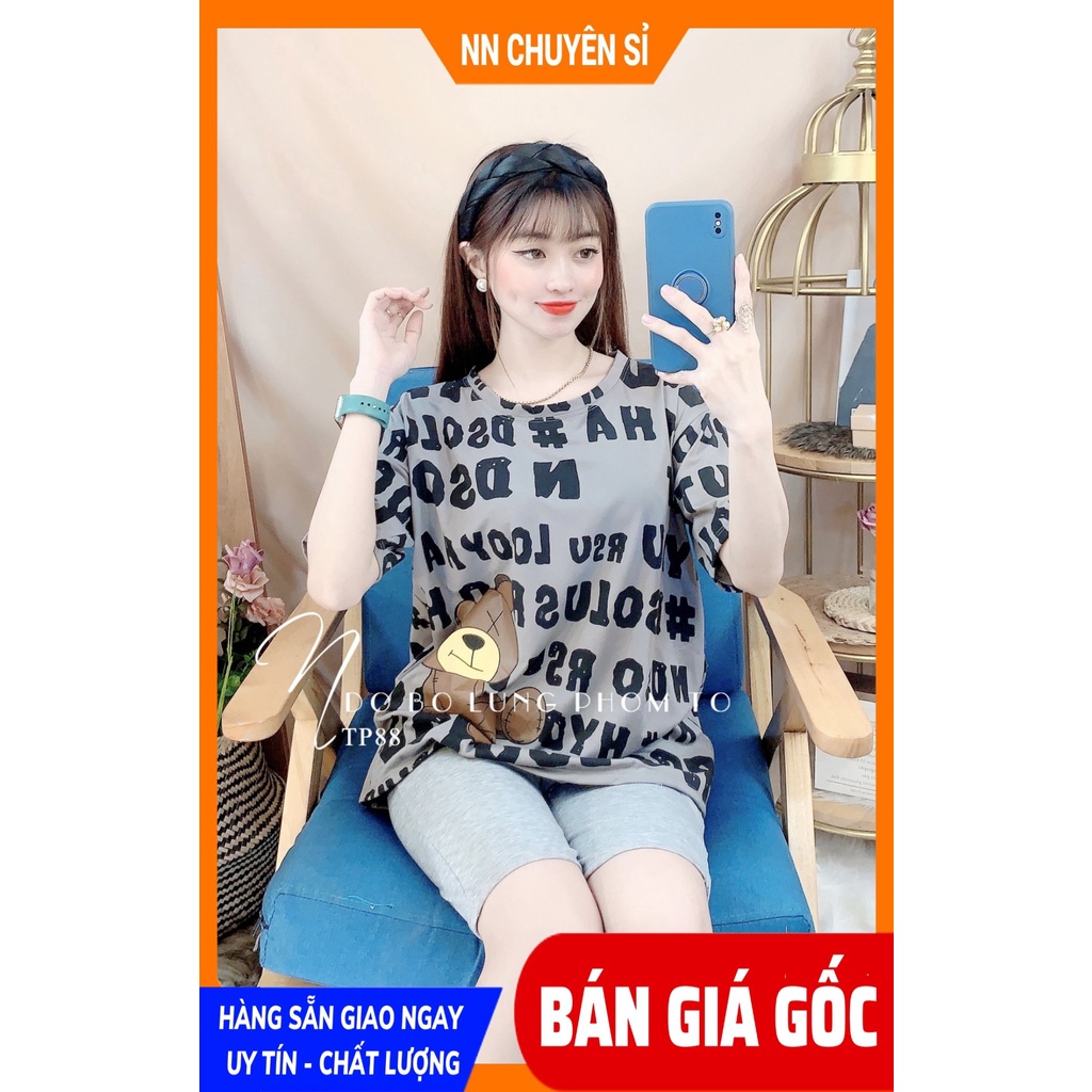 Đồ bộ thun lửng phom to cho nữ mặc nhà chất vải mềm mát in chữ in gấu hoạt hình dễ thương TP88