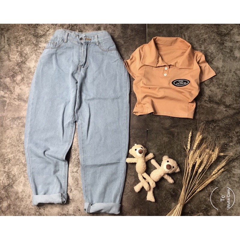 SÉT quần baggy bò xanh kèm áo crt lô gô