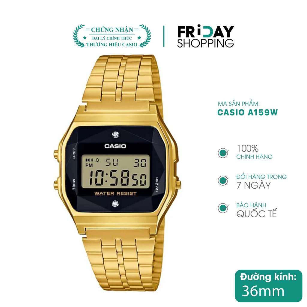 Đồng hồ nam nữ Casio điện tử A159WGEA-1DF dây kim loại chính hãng