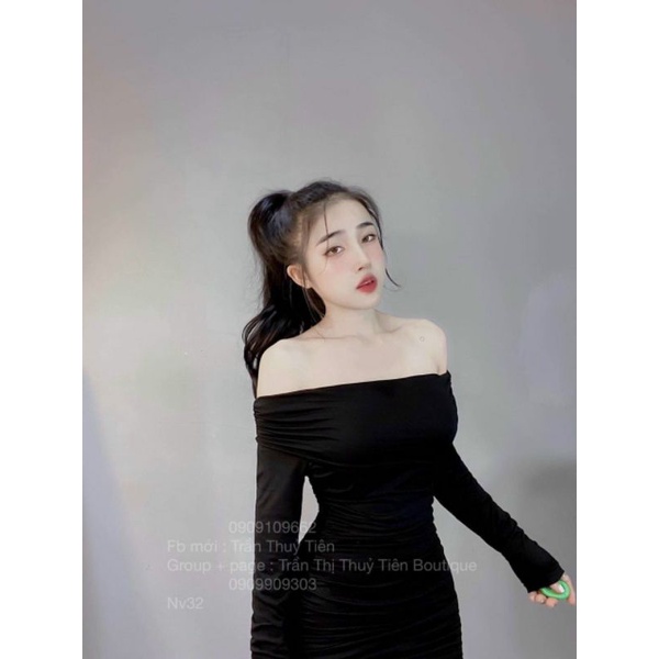 Đầm body nhún trễ vai tay dài